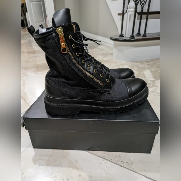 Versace Medusa Leather & Jacquard Combat Boot Black